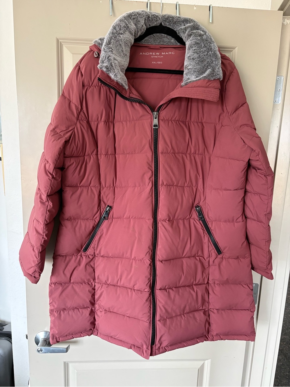 Andrew Marc Dusty Rose Quilted Longline Puffer Coat with Faux Fur Collar